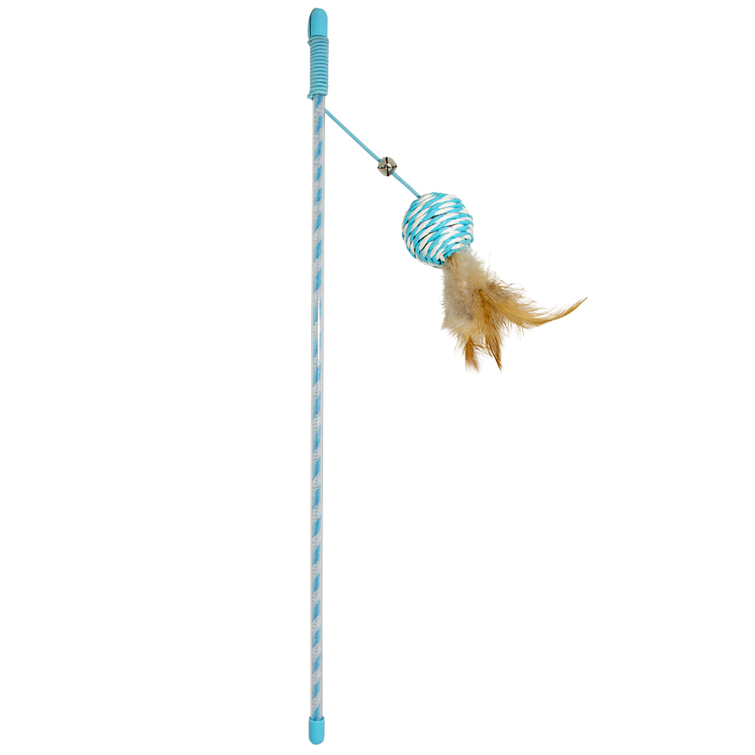 Игрушка для кошек дразнилка DUVO+ "Удочка с шариком и перьями", голубая, 41x4x3.5см